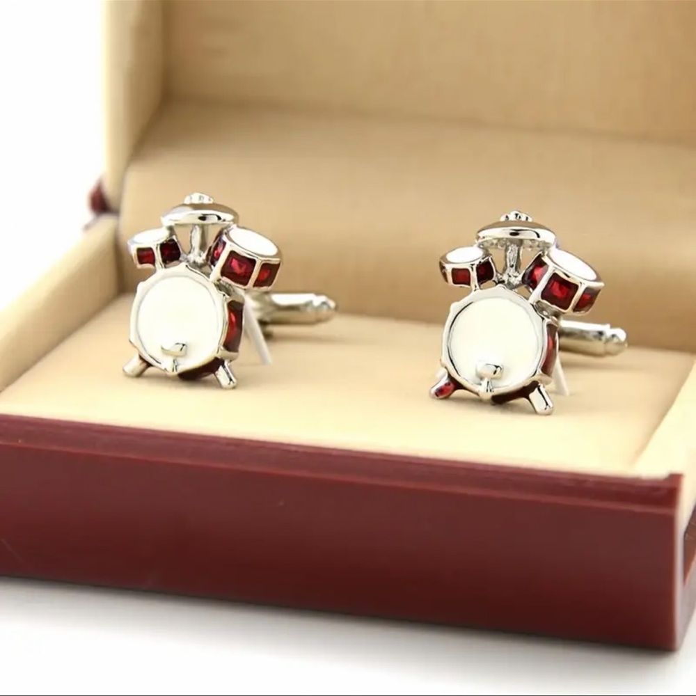 Silver Drum Set Cufflinks with Red Accents, NEW